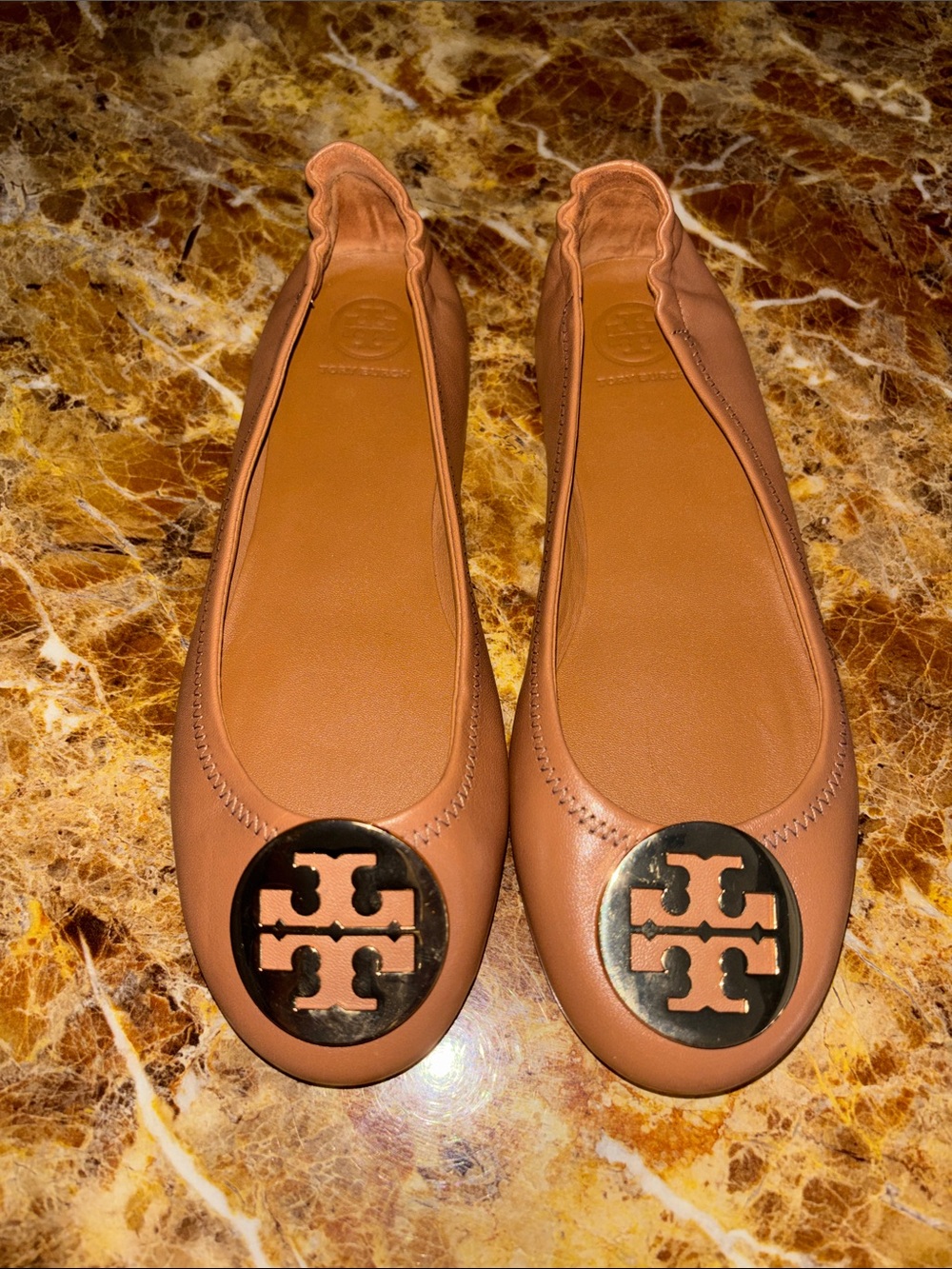 Tory Burch Cognac Leather Logo Medallion Ballet Flats, size 8
